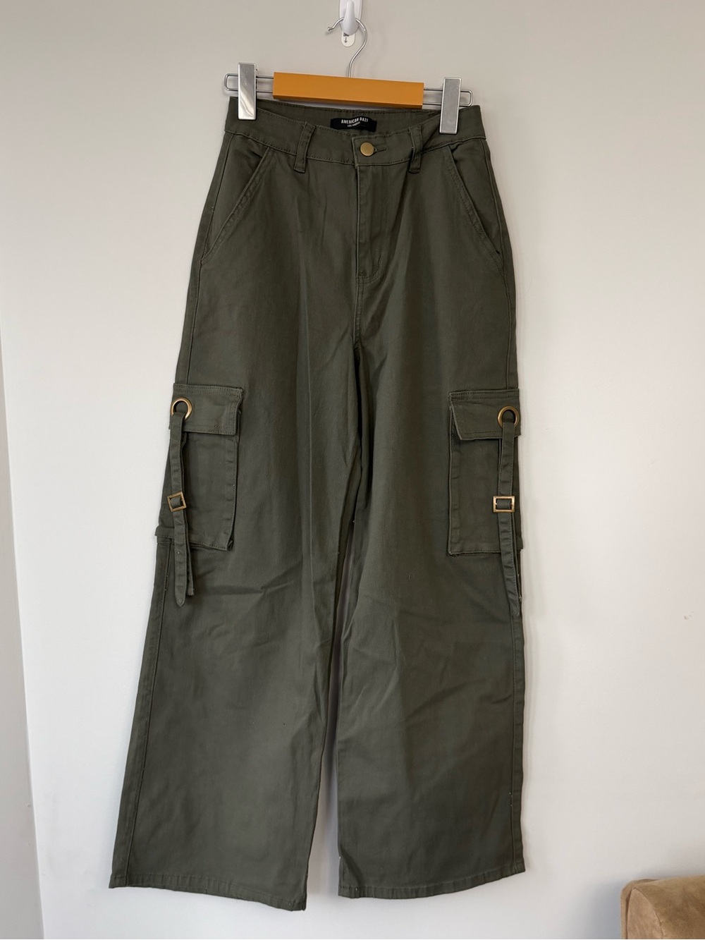 (S) American Bazi Olive Green Wide-Leg Cargo Pants